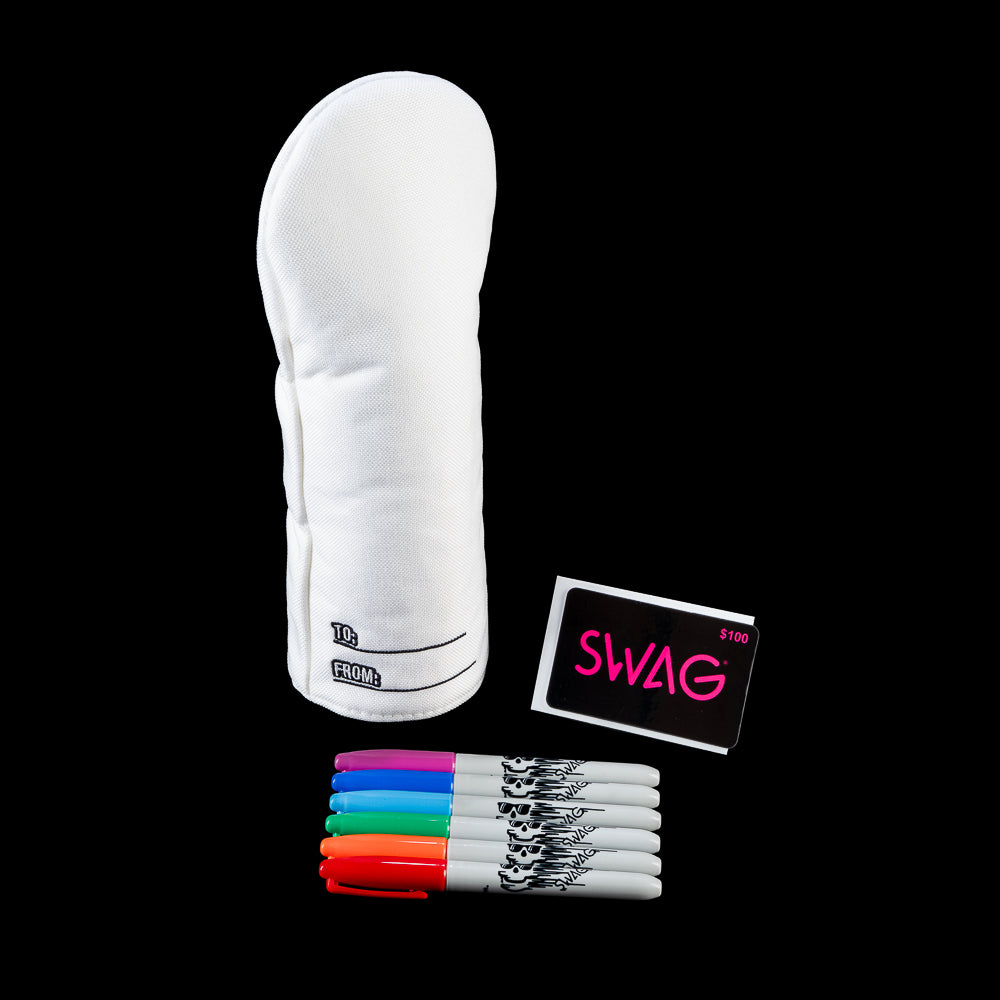 SWAG Golf blank white fairway headcover with gift card and six pack of sharpies.