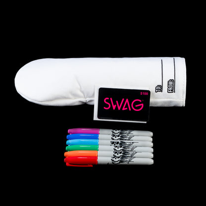SWAG Golf blank white fairway headcover with gift card and six pack of sharpies.