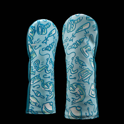 SWAG Golf Gone Fishin’ Fairway Cover with fishing-inspired all-over print featuring fish, lures, hooks, and beer graphics.
