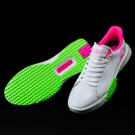 Swag x G/Fore G.112 Swagenta Skull men's white, pink, and green golf shoe.