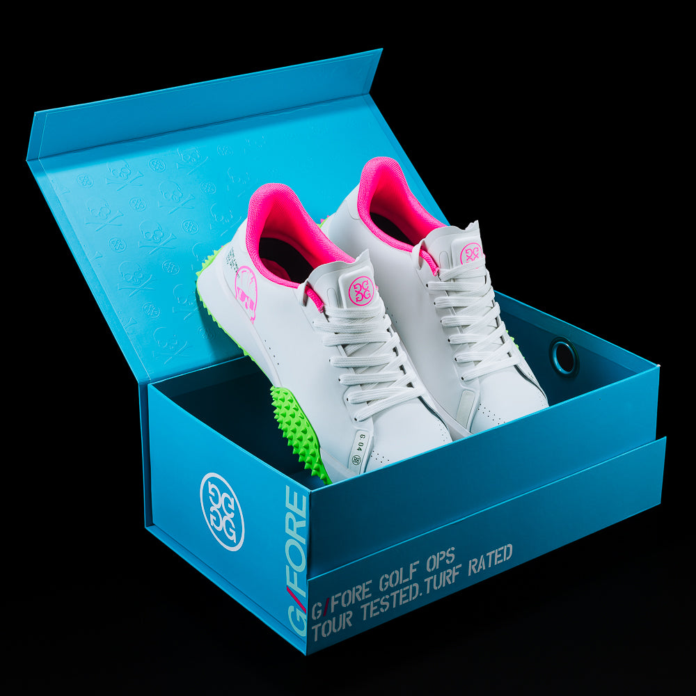 Swag x G/Fore G.112 Swagenta Skull men's white, pink, and green golf shoe.