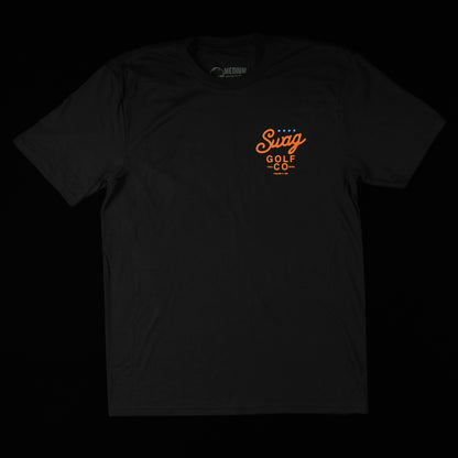 Swag Golf Co Putter screen-printed black and orange men's graphic short sleeve golf t-shirt.