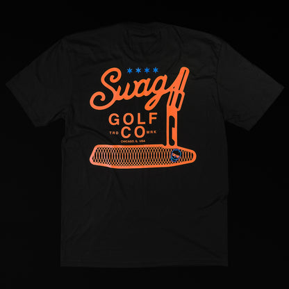 Swag Golf Co Putter screen-printed black and orange men's graphic short sleeve golf t-shirt.