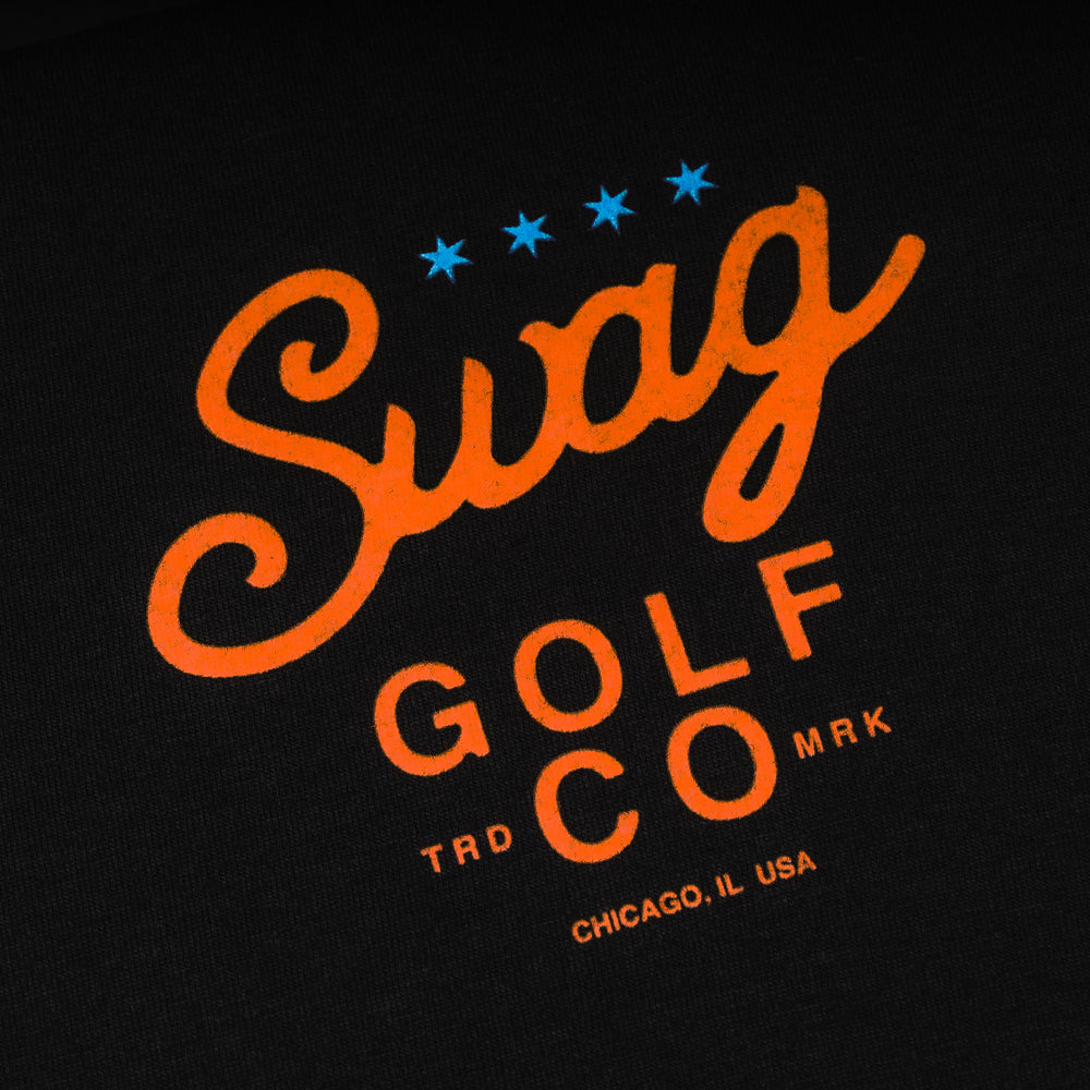 Swag Golf Co Putter screen-printed black and orange men's graphic short sleeve golf t-shirt.
