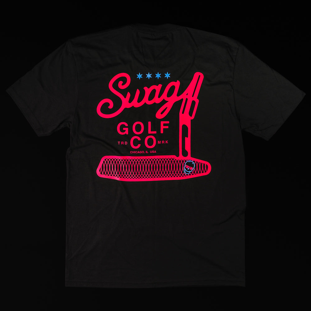Swag Golf Co Putter screen-printed black and red men's graphic short sleeve golf t-shirt.