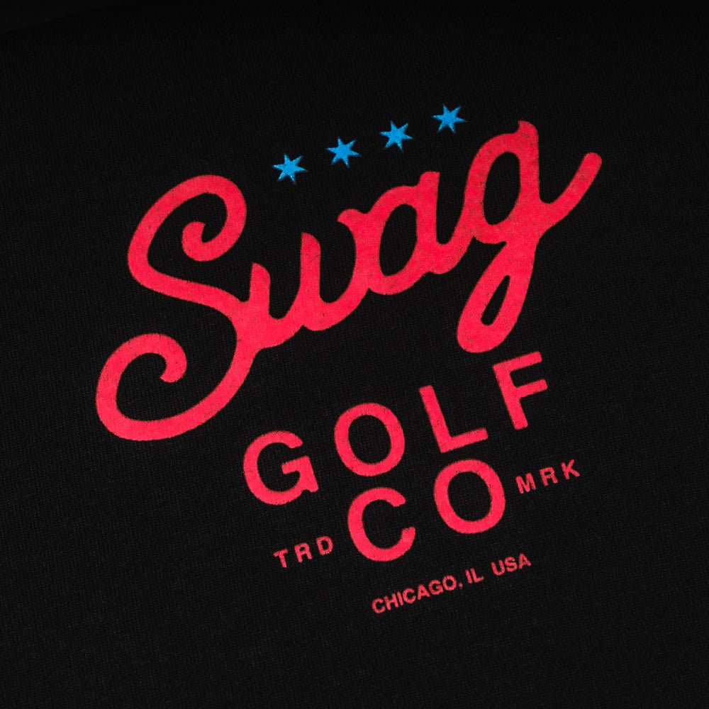 Swag Golf Co Putter screen-printed black and red men's graphic short sleeve golf t-shirt.