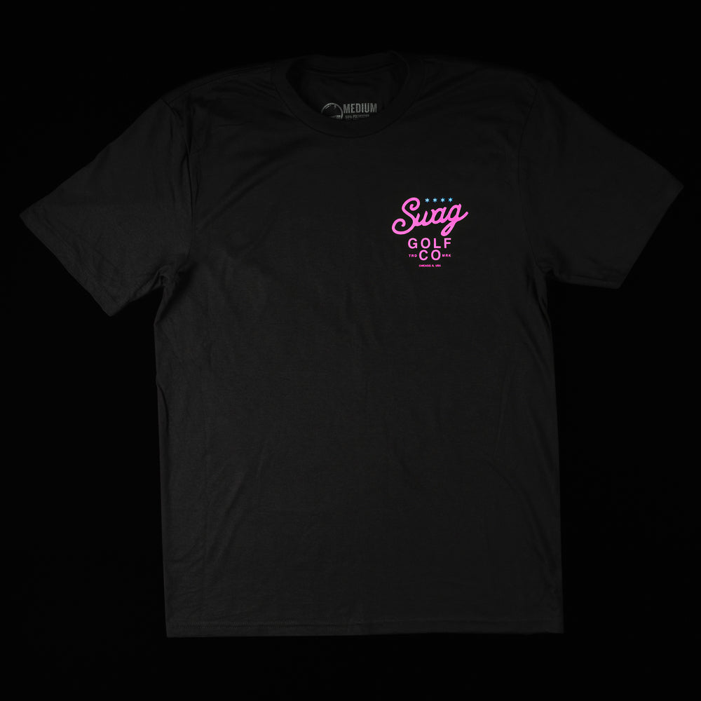 Swag Golf Co Putter screen-printed black and pink men's graphic short sleeve golf t-shirt.