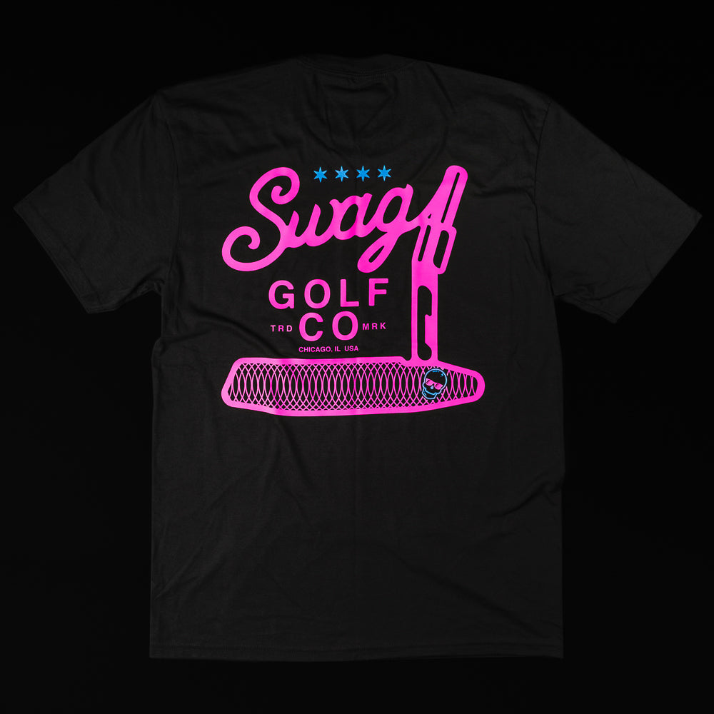 Swag Golf Co Putter screen-printed black and pink men's graphic short sleeve golf t-shirt.