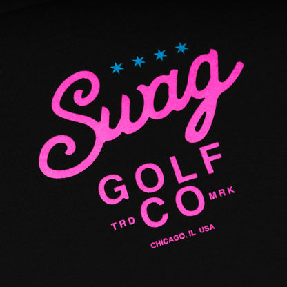 Swag Golf Co Putter screen-printed black and pink men's graphic short sleeve golf t-shirt.