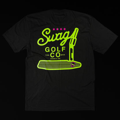 Swag Golf Co Putter screen-printed black and yellow men's graphic short sleeve golf t-shirt.