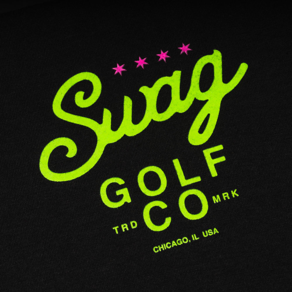 Swag Golf Co Putter screen-printed black and yellow men's graphic short sleeve golf t-shirt.