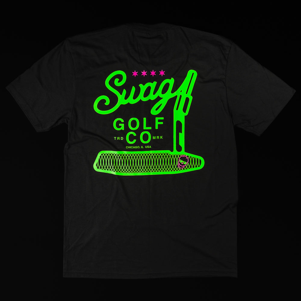 Swag Golf Co Putter screen-printed black and green men's graphic short sleeve golf t-shirt.