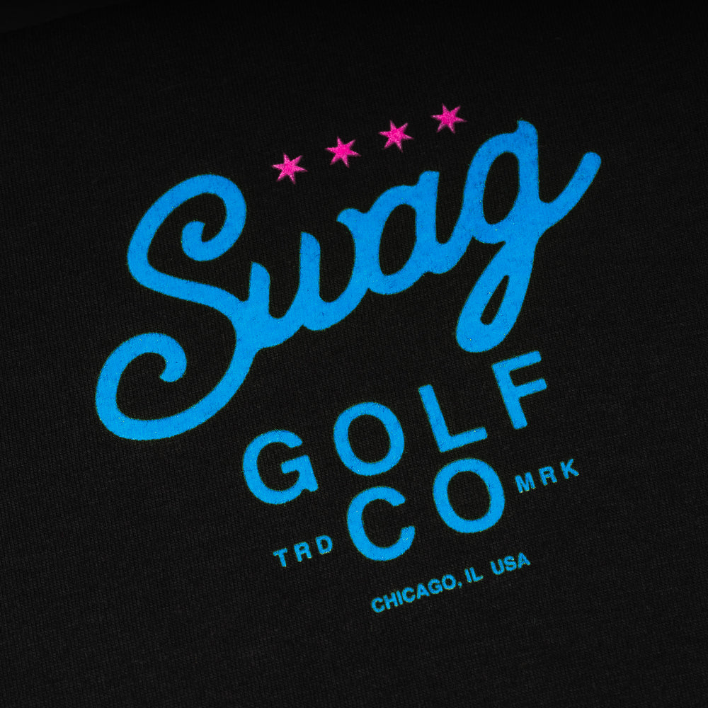 Swag Golf Co Putter screen-printed black and blue men's graphic short sleeve golf t-shirt.