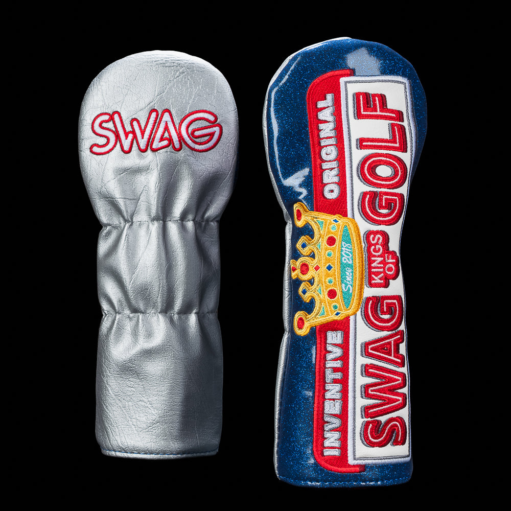 SWAG Golf Kings of Golf fairway wood cover featuring cheesesteak-inspired graphics, crown embroidery, bold red white and blue detailing, and “Invented Originally Golf Kings Of” typography on glitter blue premium leather.