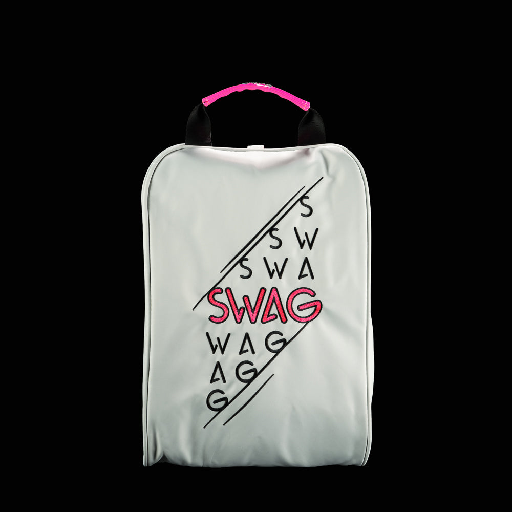 Front view of gray SWAG Golf shoe bag featuring stacked SWAG logo graphics in black and neon pink embroidery.