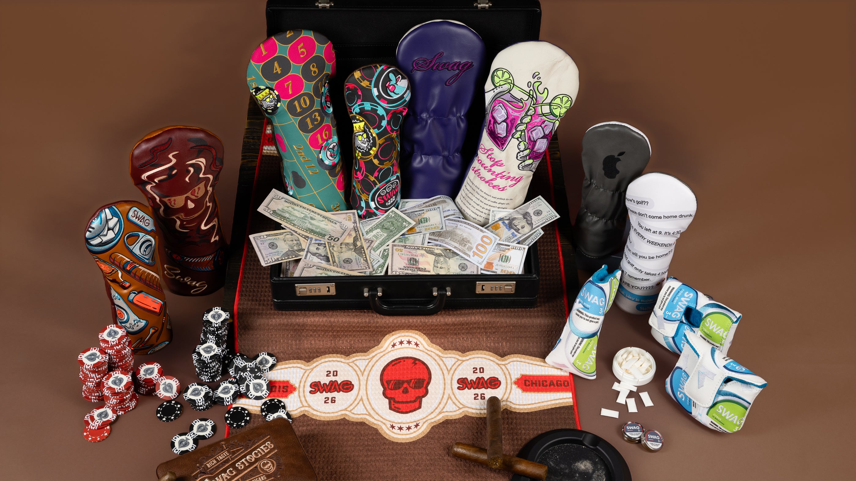 SWAG Golf Vices collection featuring limited edition golf headcovers and accessories featuring cigar, gambling, and beverage themes.