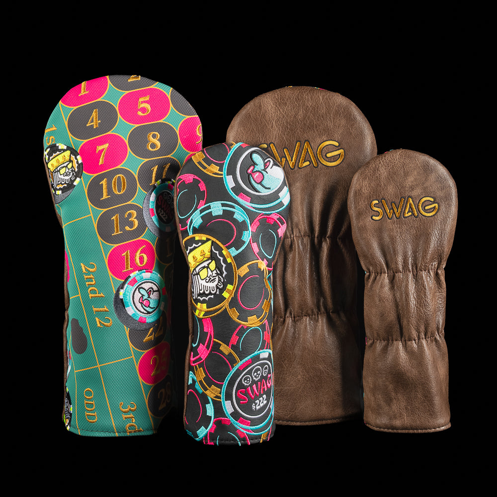 SWAG Golf Let It Ride golf driver and fairway headcover set featuring roulette and casino chips theme.