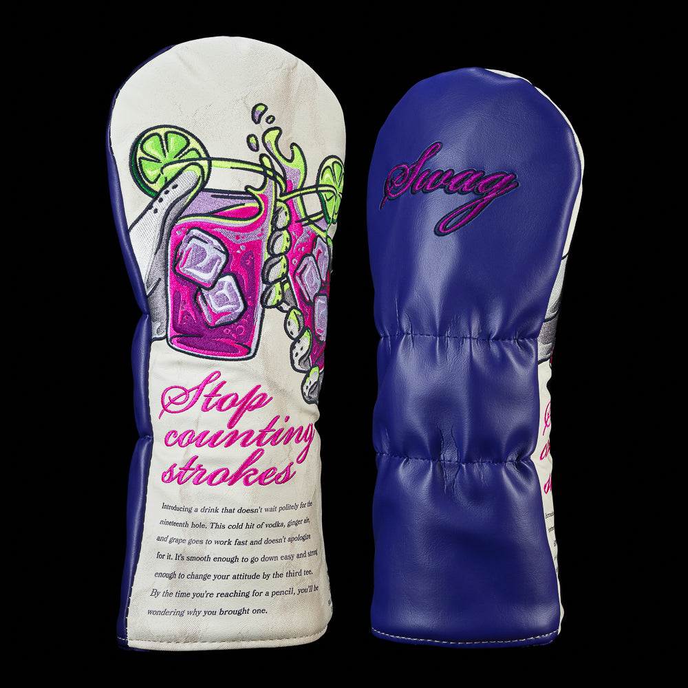 SWAG Golf recipe for a good round featuring a transfusion cocktail and wine advertisement style white and purple design.