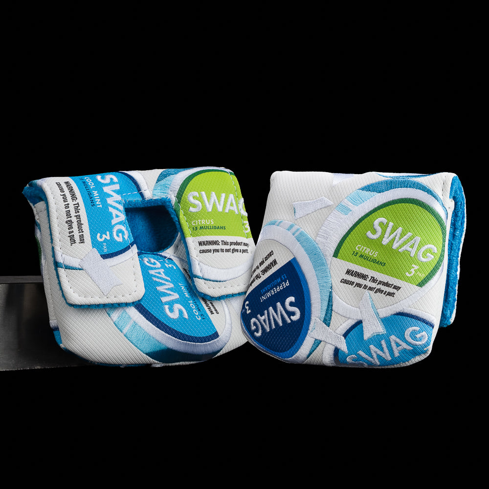 SWAG Golf Stacked lip pillows center shaft golf headcover with pouches themed white, blue and green design.