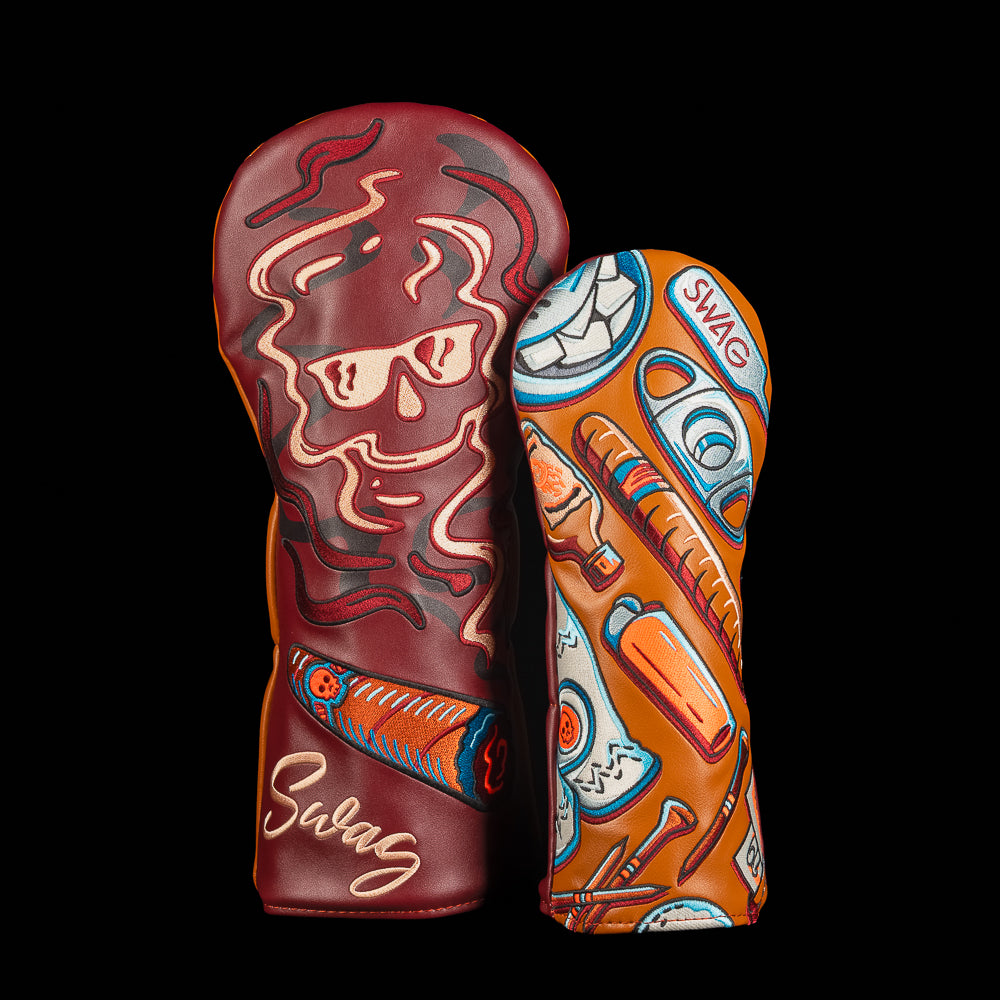 SWAG Golf 2-piece driver and fairway golf headcover set with cigar smoke and cigar supplies kit.