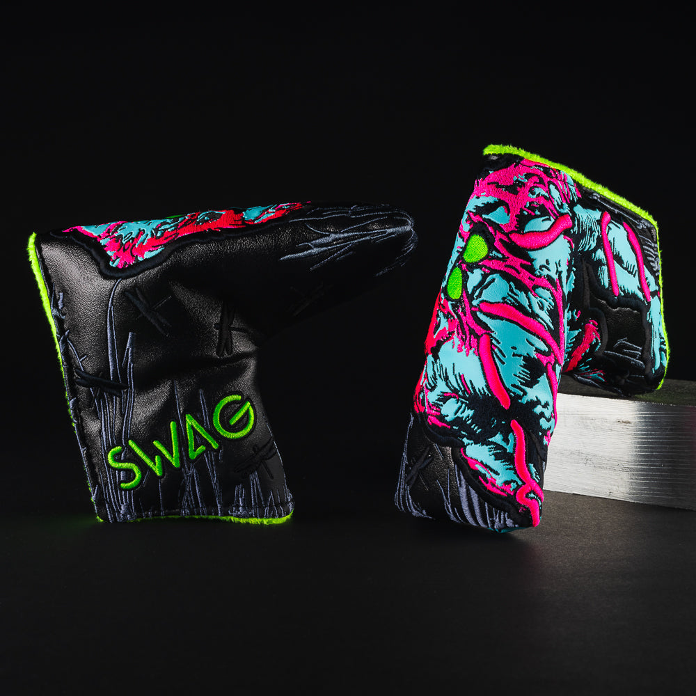 Swag Thing 6.0 special black, blue, pink and neon green blade putter golf club head cover made in the USA.
