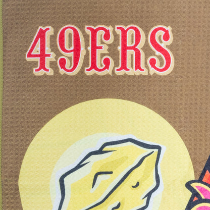 Cartoon character with a San Francisco 49ers NFL helmet golf towel, on a colorful background