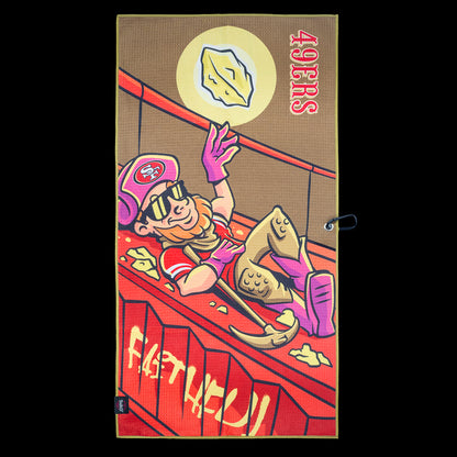 Cartoon character with a San Francisco 49ers NFL helmet golf towel, on a colorful background
