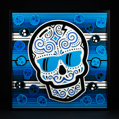 Swag x Andre Kaut wood art panel serape sugar skull themed in blue, white and black.