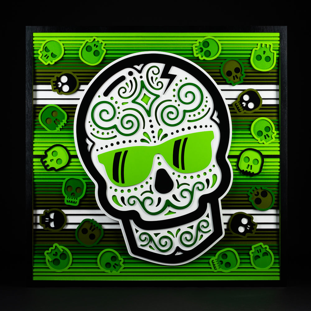 Swag x Andre Kaut wood panel artwork serape sugar skull themed in green, black and white.