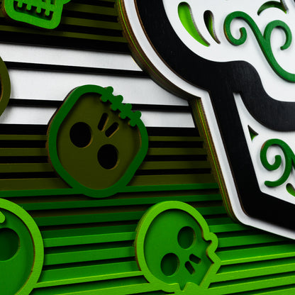 Swag x Andre Kaut wood panel artwork serape sugar skull themed in green, black and white.