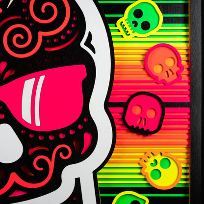 Swag x Andre Kaut wood panel artwork serape sugar skull themed in neon green, pink, orange, yellow and black.