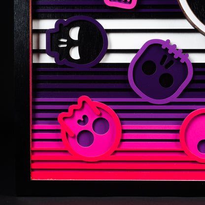 Swag x Andre Kaut wood panel artwork serape sugar skull themed in pink, black, white and purple.