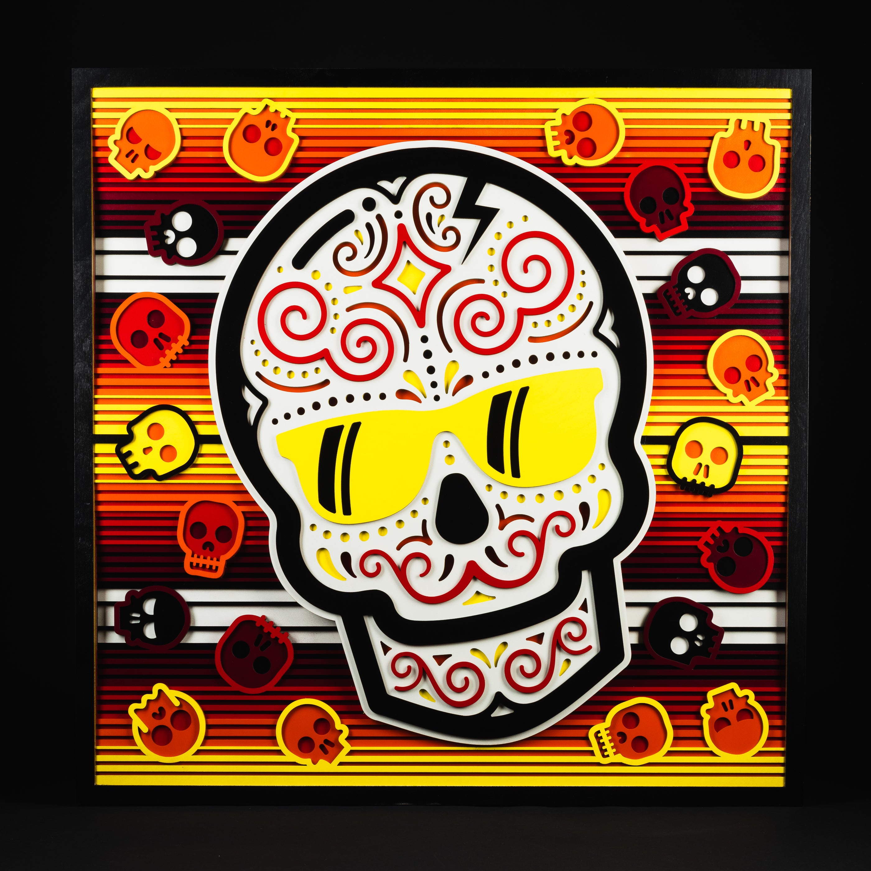 Swag x Andre Kaut wood panel artwork serape sugar skull themed in yellow, white, black, orange and brown.