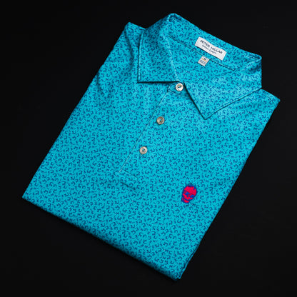 Swag x Peter Millar blue shark print men's short sleeve golf polo shirt.