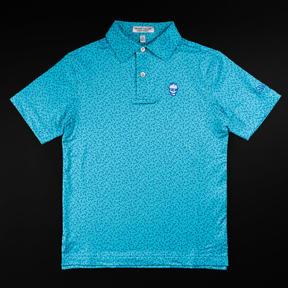 Swag x Peter Millar youth blue shark print kids short sleeve golf polo shirt.