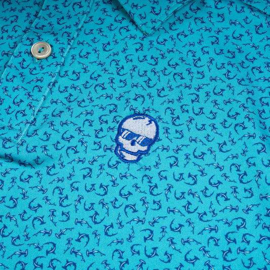 Swag x Peter Millar youth blue shark print kids short sleeve golf polo shirt.