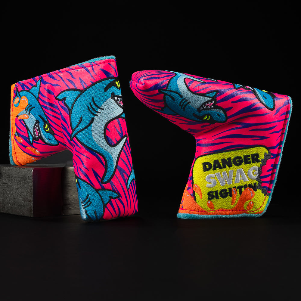 Pool Party Shark in blue, neon pink, orange and yellow blade golf club head cover made in the USA.