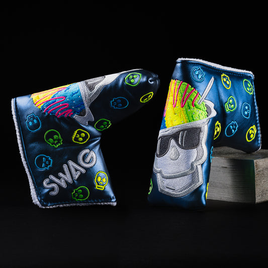 Swag skull shaved iced themed blue, white, and gray blade putter golf headcover made in the USA.