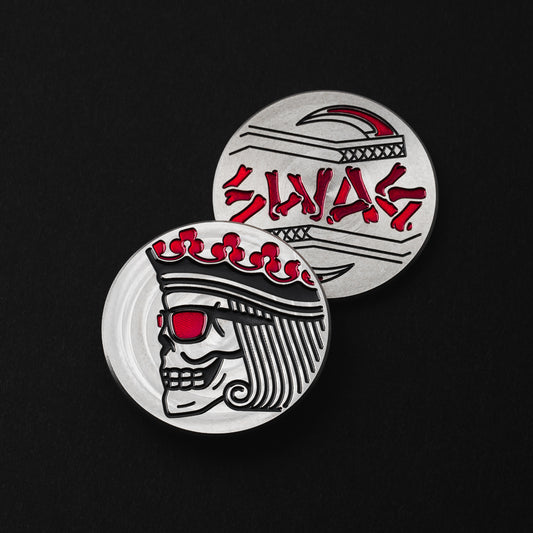 Skeleton King of Swag black and red stainless steel round golf ball marker accessory.