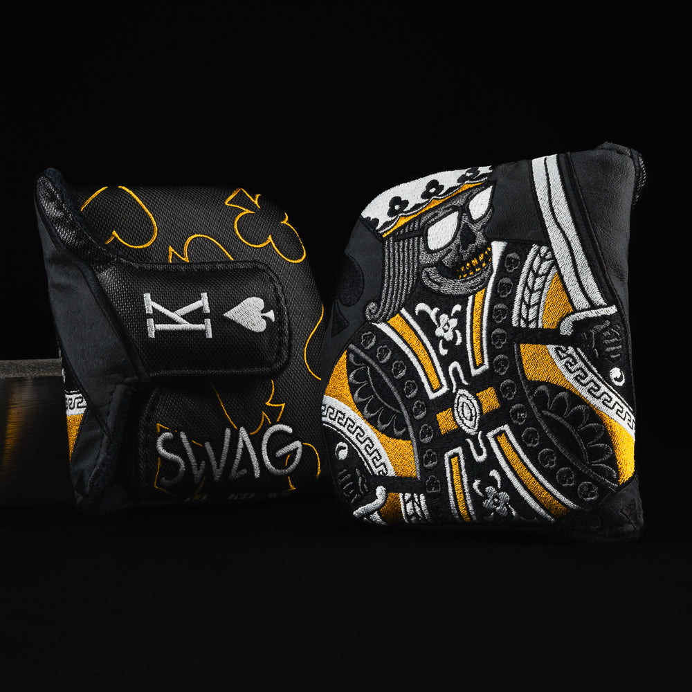 Skeleton King of Swag black and gold mallet putter golf head cover made in the USA.