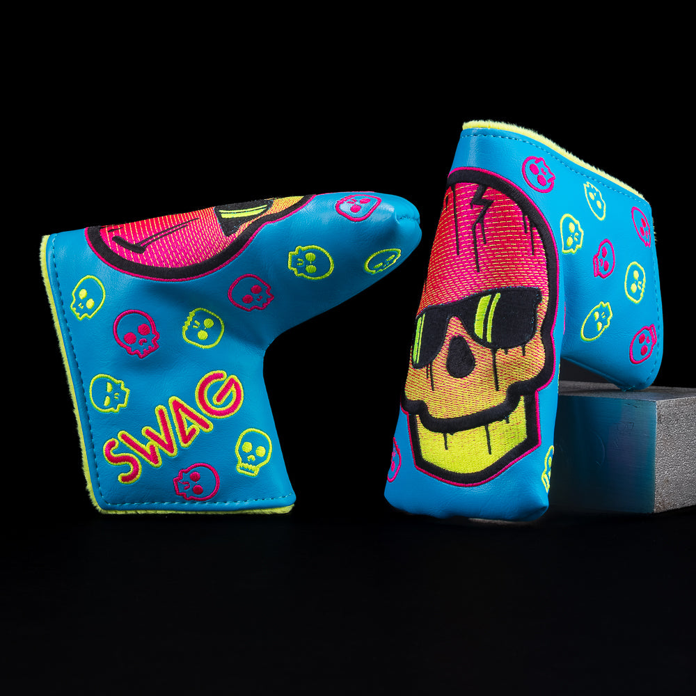 Neon Blue Dripping Skull blade golf club headcover with pink and yellow.