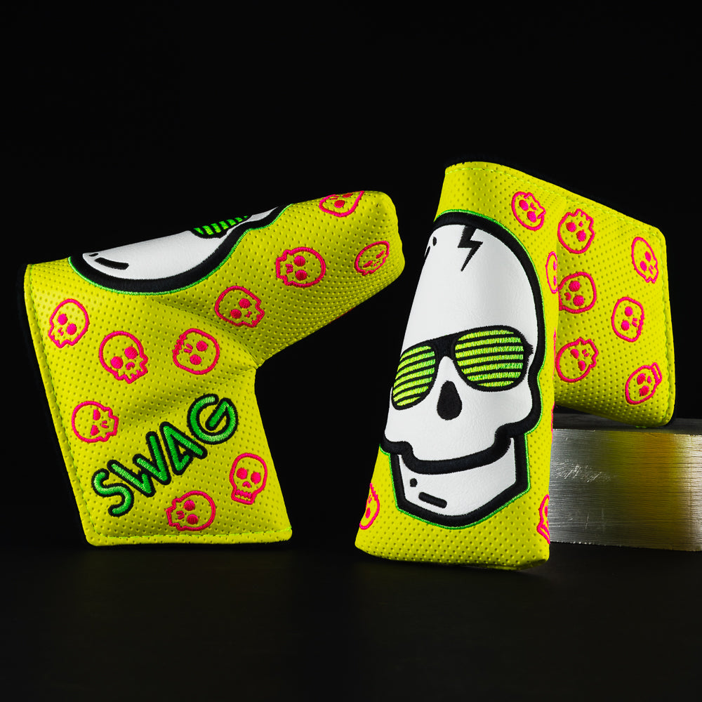 Pink & bolt eclipse skull special neon yellow blade putter golf club head cover made in the USA.