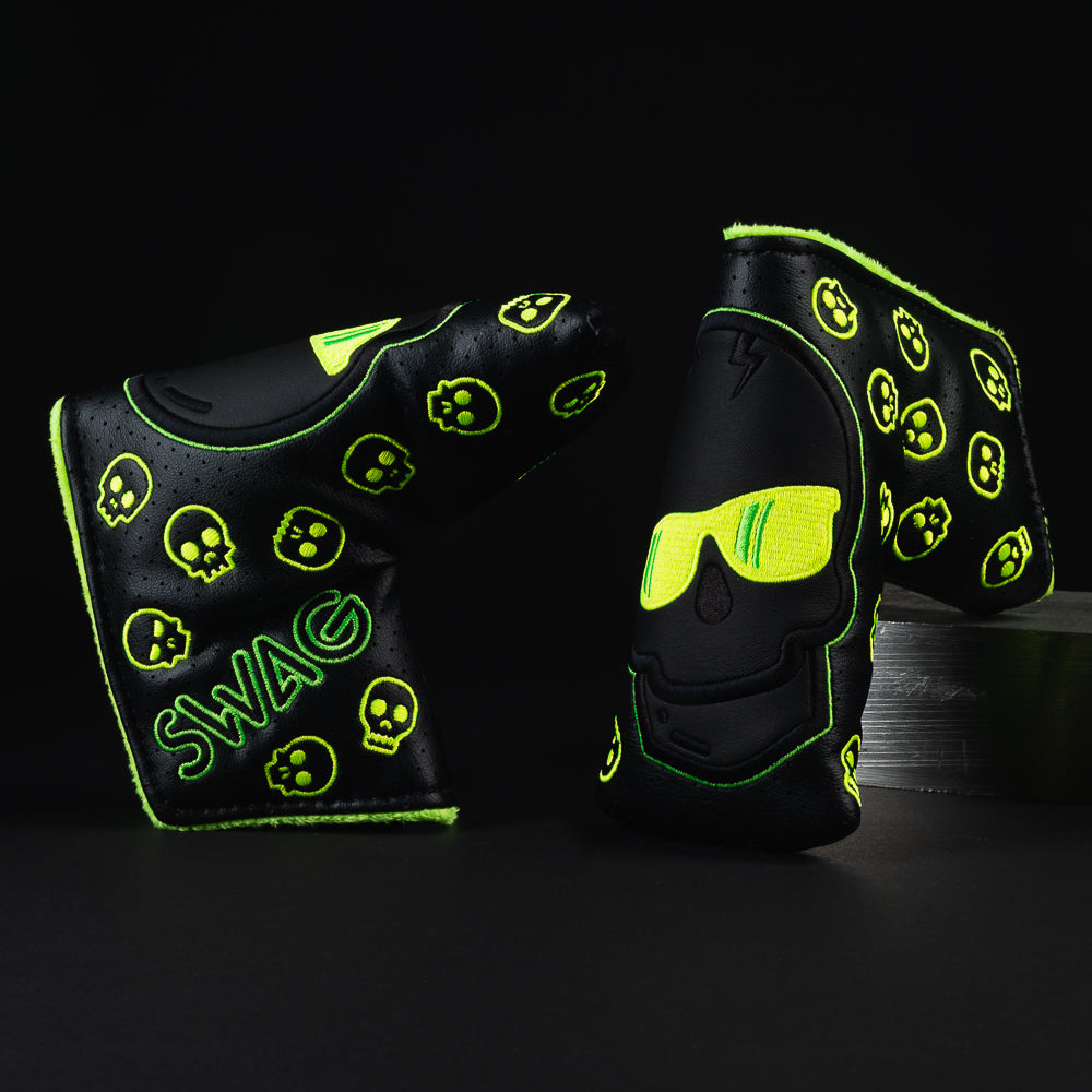 Ecto flare skull special black and neon green blade putter golf club head cover made in the USA.