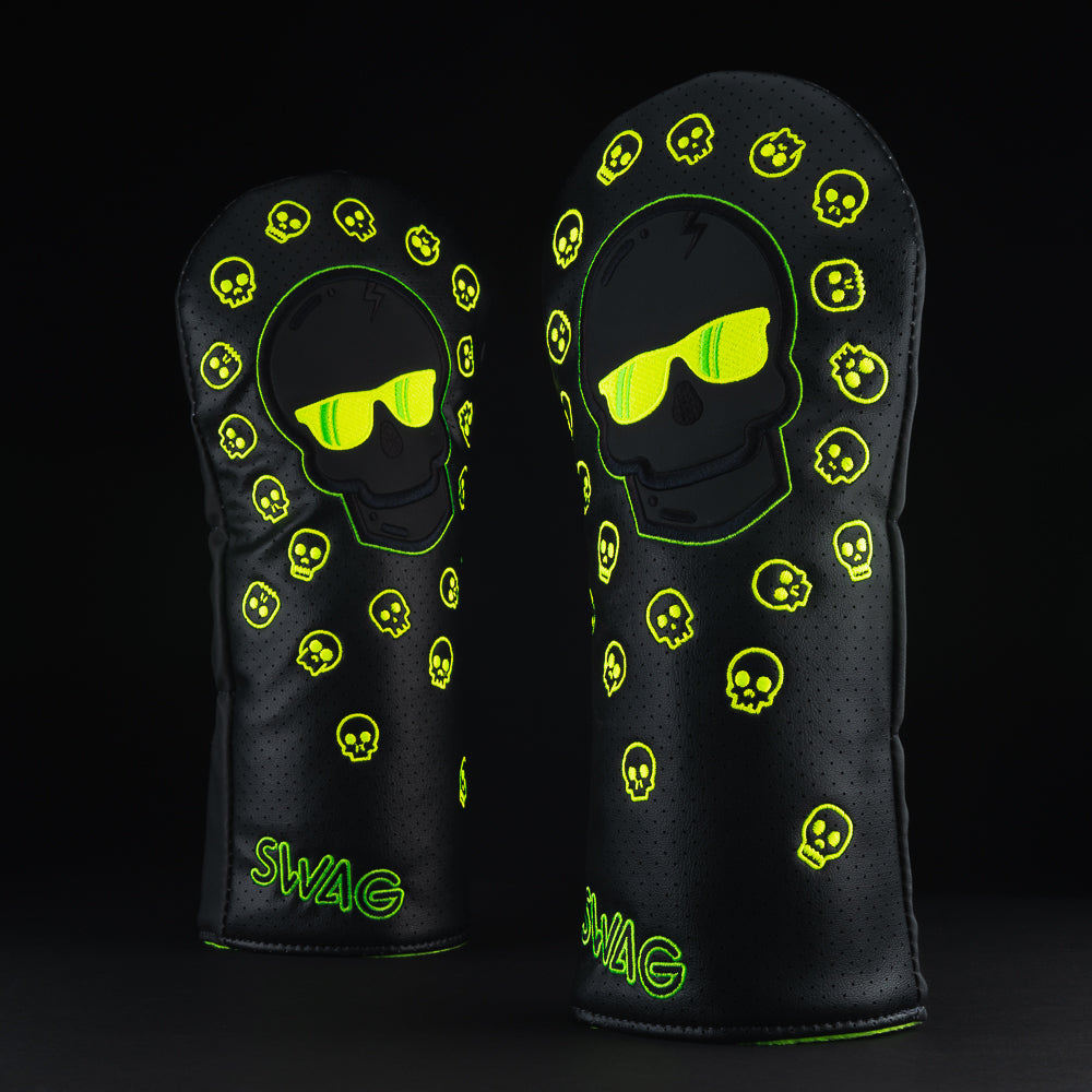 Ecto flare skull special black and neon green driver golf club head cover made in the USA.