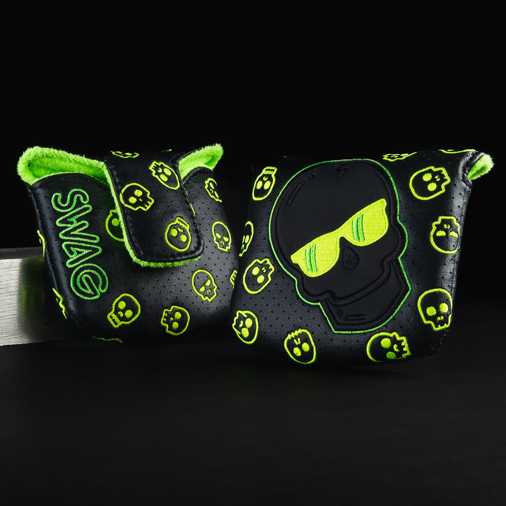 Ecto flare skull special black and neon green mallet putter golf club head cover made in the USA.