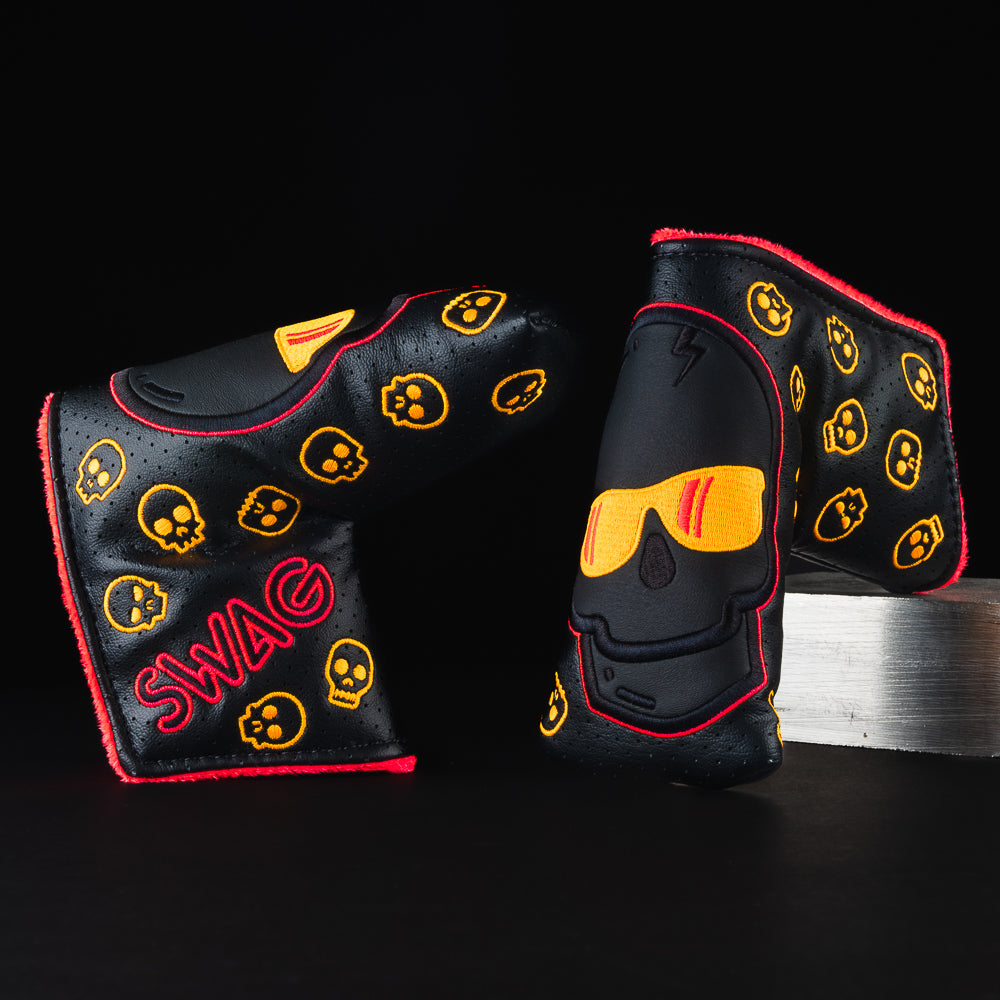 Orange flare skull special black and orange blade putter golf club head cover made in the USA.