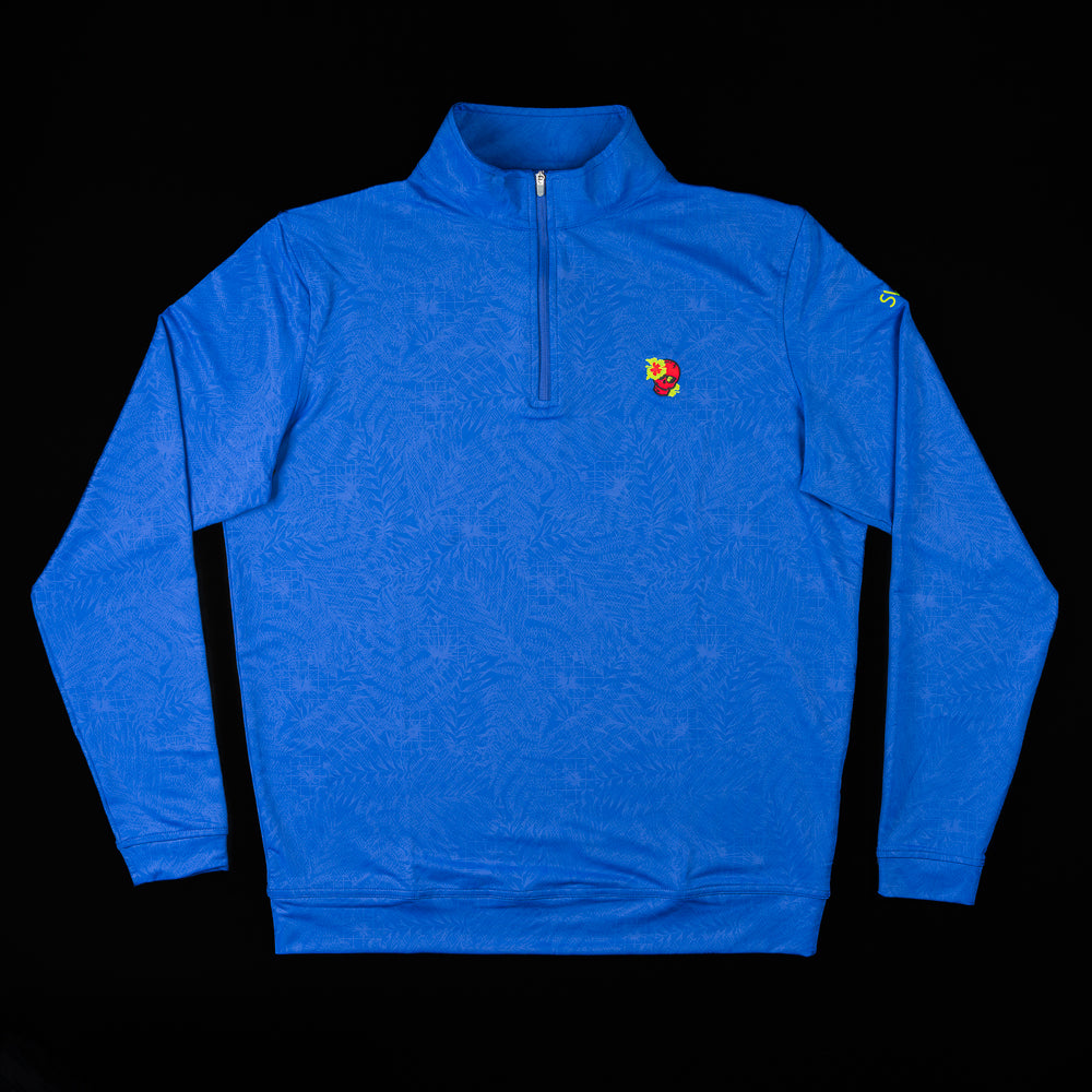 Swag x Peter Millar blue men's long sleeve performance golf quarter zip.