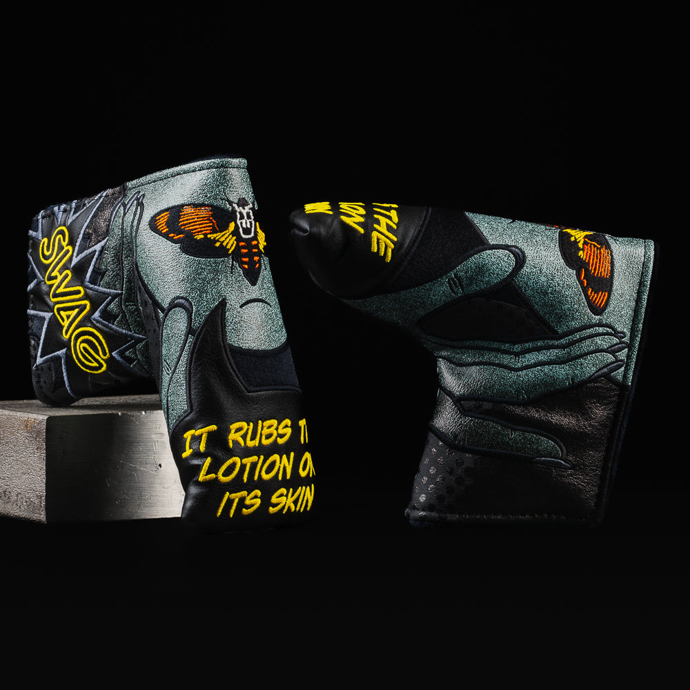 Swagatha movie themed black, gray and yellow blade putter golf head cover made in the USA.