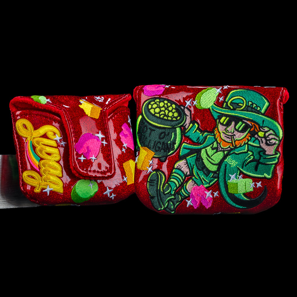SWAG Golf Pot O’ Mulligans mallet putter headcover in red sparkles with leprechaun, gold coins and colorful clover graphics.