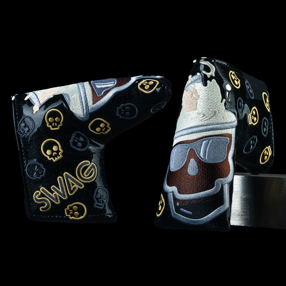 SWAG Golf Irish Cart Bomb blade cover with frothy skull in shades artwork and gold and black skull pattern on black background.